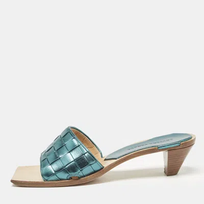 Pre-owned Bottega Veneta Metallic Blue Intrecciato Leather Square Toe Slide Sandals Size 38