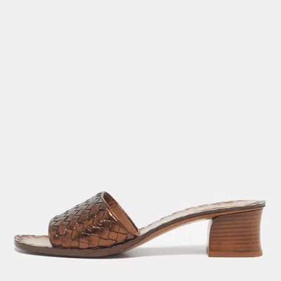 Pre-owned Bottega Veneta Metallic Bronze Leather Block Heel Slide Sandals Size 41 In Silver