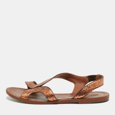 Pre-owned Bottega Veneta Metallic Bronze Snakeskin Leather Ankle Strap Flats Size 40 In Silver