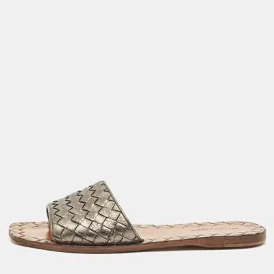 Pre-owned Bottega Veneta Metallic Intrecciato Leather Ravello Flat Slides Size 36