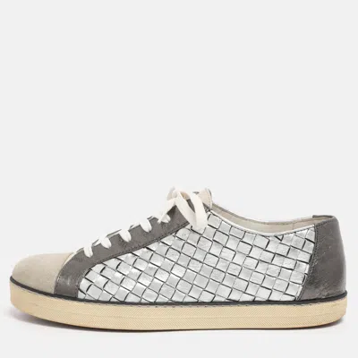 Pre-owned Bottega Veneta Metallic Intrecciato Leather Sail Sneakers Size 38.5 In Silver