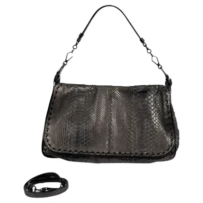 Pre-owned Bottega Veneta Metallic Iron Silver Python Flap Shoulder Bag In Black