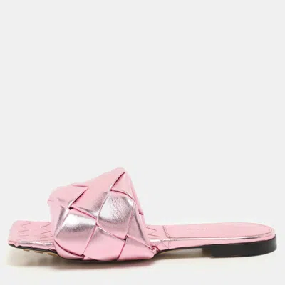 Pre-owned Bottega Veneta Metallic Pink Leather Lido Flats Size 37.5 In Silver