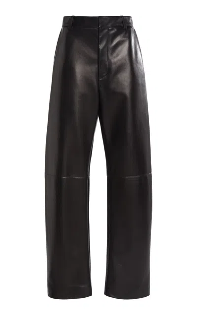 Bottega Veneta Mid-rise Leather Barrel-leg Pants In Black