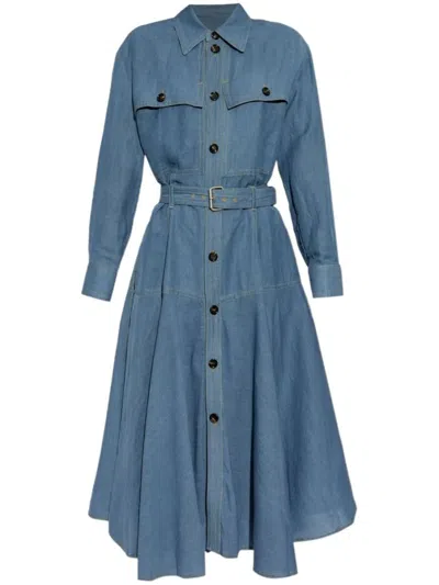 Bottega Veneta Flared Skirt Belted Midi Dress In Blue