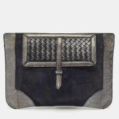 Pre-owned Bottega Veneta Midnight Blue/black Snakeskin And Suede Flat Zip Pouch