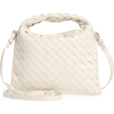 Bottega Veneta Mini Hop Intrecciato Leather Hobo Bag In White/brass/white