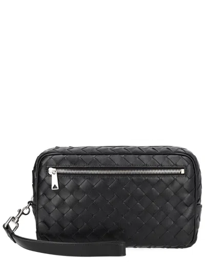Bottega Veneta Mini Leather Crossbody Pouch Clutch With Belt Strap 15.5 X 25 X 6.5 Cm In Blue