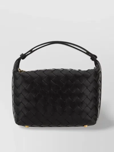 Bottega Veneta Mini Wallace Handbag With Top Handle And Woven Texture In Black