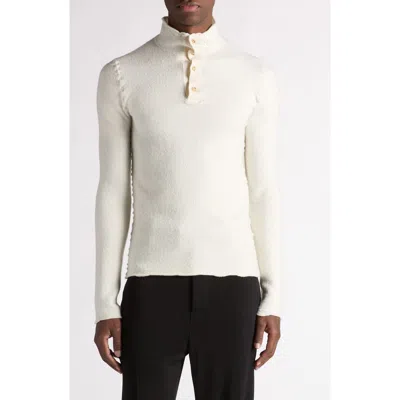 Bottega Veneta Mock Neck Distorted Knit Wool Henley Sweater In Weiss