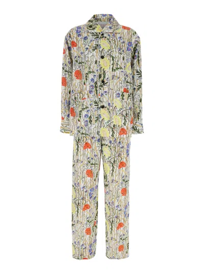 Bottega Veneta Womens Chalk Hibiscus Khaki Flower-print Wide-leg High-rise Woven-blend Pyjama Set In Multi