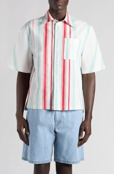 Bottega Veneta Multicolor Variegated Stripe Cotton & Linen Short Sleeve Button-up Shirt In 1979 Mint/red