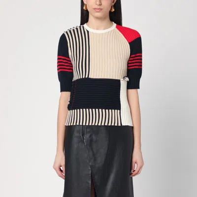 Bottega Veneta Patchwork Ruffled Striped Ribbed Cotton Sweater In Multicolor