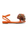 BOTTEGA VENETA MULTICOLOURED LEATHER FLAT SANDAL WITH RAFFIA POM-POM EMBELLISHMENT FOR WOMEN