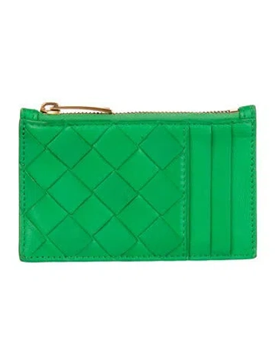 Pre-owned Bottega Veneta Nappa Intrecciato Zipped Card Case Intrecciato Weave Card Holder In Green