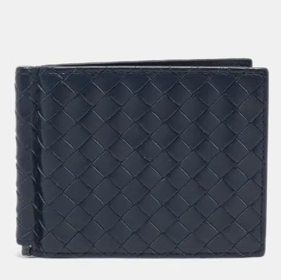 Pre-owned Bottega Veneta Navy Blue Intrecciato Leather Money Clip Bifold Wallet