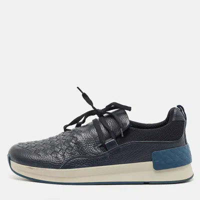 Pre-owned Bottega Veneta Navy Blue Leather And Fabric Intrecciato Lace Up Sneakers Size 42