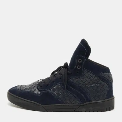 Pre-owned Bottega Veneta Navy Blue Suede And Intrecciato Leather High Top Sneakers Size 43