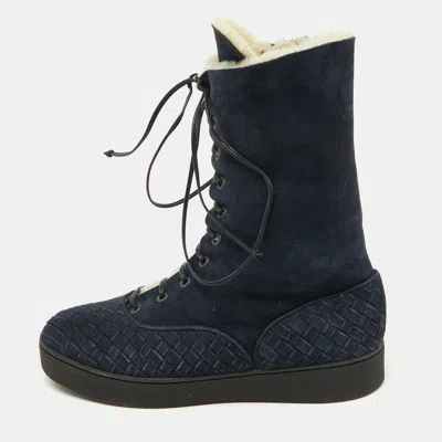 Pre-owned Bottega Veneta Navy Blue Suede Intrecciato Lace Up Snow Boots Size 37