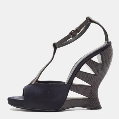 Pre-owned Bottega Veneta Navy Blue/brown Satin And Textured Leather Ankle Strap Wedge Sandals Size 38