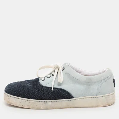 Pre-owned Bottega Veneta Navy Blue/light Blue Intrecciato Suede Lace Up Sneakers Size 41