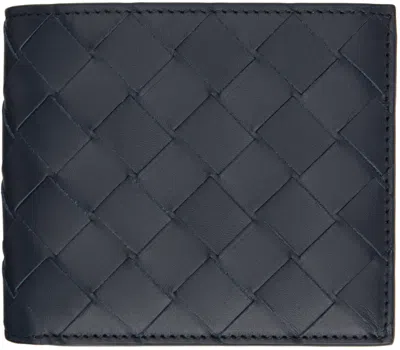 Bottega Veneta Navy Intrecciato Bi-fold Wallet In Black