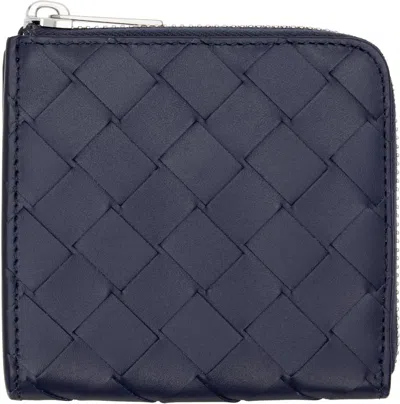 BOTTEGA VENETA NAVY INTRECCIATO SQUARE ZIP AROUND WALLET