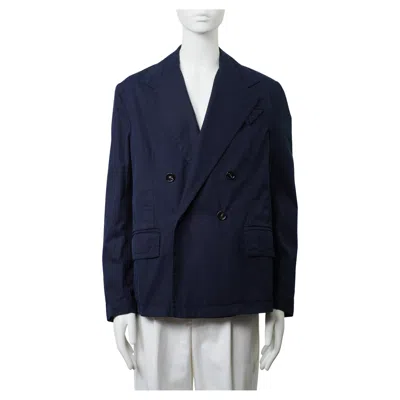 Pre-owned Bottega Veneta Navy Twill Double-breasted Blazer 46 In Blue