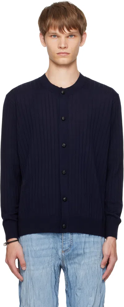 BOTTEGA VENETA NAVY WOOL RIB CARDIGAN