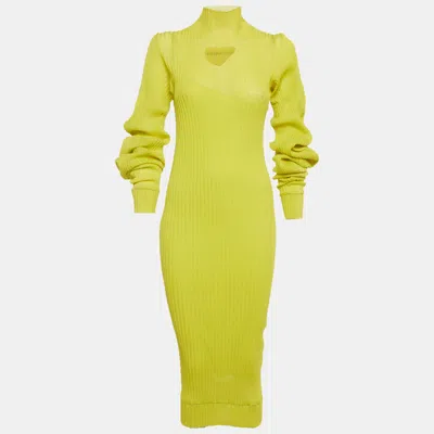 Pre-owned Bottega Veneta Neon Green Rib Knit Keyhole Detail Midi Dress S