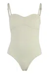 Bottega Veneta Textured Fabric Sweetheart Neckline Bodysuit In Beige