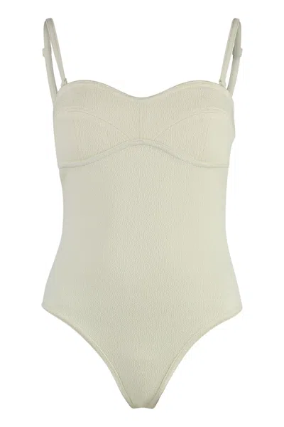 Bottega Veneta Textured Fabric Sweetheart Neckline Bodysuit In Neutral