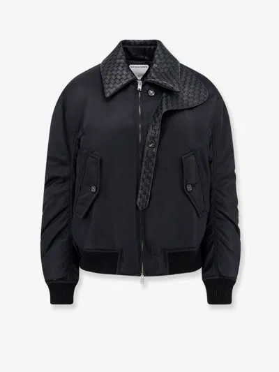 Bottega Veneta Nylon Jacket With Intrecciato Leather Collar In Blue