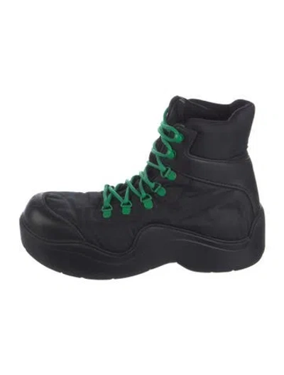 Pre-owned Bottega Veneta Nylon Leather Trim Embellishment Combat Boots In Black