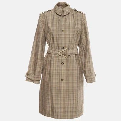 Pre-owned Bottega Veneta Oak/olive Check Poplin Water-repellent Midi Coat S In Beige