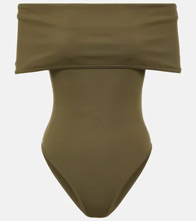 Bottega Veneta Off-shoulder Swimsuit In Green