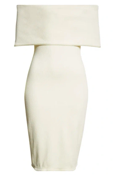 Bottega Veneta Textured Nylon Off-shoulder Midi Dress In Pastry