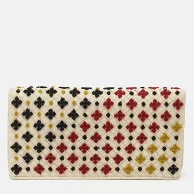 Pre-owned Bottega Veneta Off White Intrecciato Leather Mosaic Stitch Flap Clutch