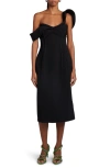 BOTTEGA VENETA ONE-SHOULDER BONDED WOOL TRICOTINE MIDI DRESS