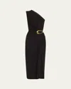 Bottega Veneta One-shoulder Cutout Gathered Embellished Crepe-jersey Midi Dress In Nero