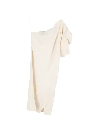 Pre-owned Bottega Veneta One-shoulder Linen Midi Dress In Neutral