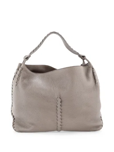 Pre-owned Bottega Veneta Open Cervo With Intrecciato Detail Medium Hobo Bag In Gray
