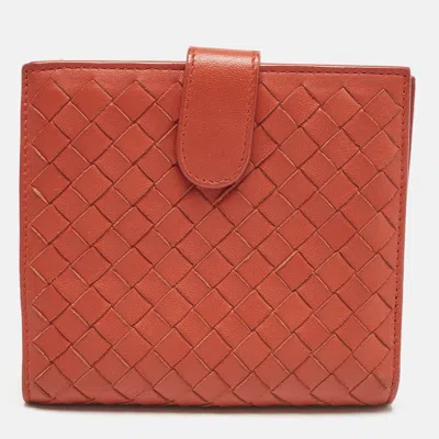 Pre-owned Bottega Veneta Orange Intrecciato Leather Compact Wallet