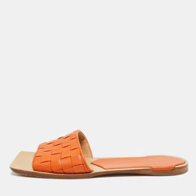Pre-owned Bottega Veneta Orange Intrecciato Leather Flat Slide Sandals Size 39.5