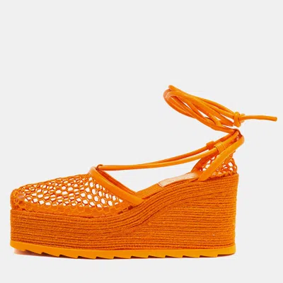 Pre-owned Bottega Veneta Orange Mesh And Leather Lace-up Wedge Platform Espadrilles Ankle Tie Sandals Size 38