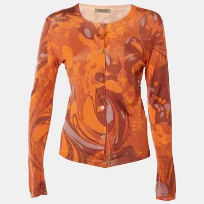 Pre-owned Bottega Veneta Orange Printed Cashmere & Silk Cardigan S