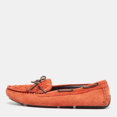 Pre-owned Bottega Veneta Orange Suede Bow Slip On Loafers Size 36
