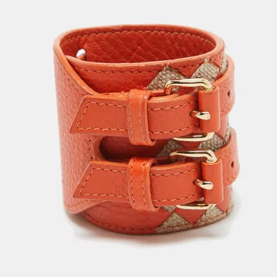 Pre-owned Bottega Veneta Orange/beige Intrecciato Leather And Jute Double Buckle Wrap Bracelet