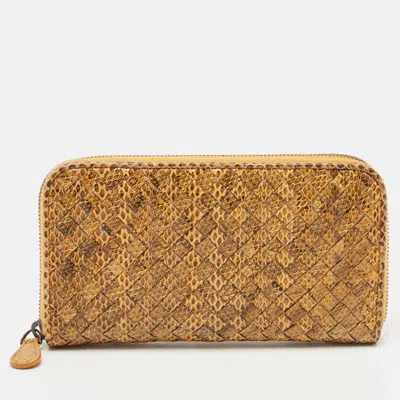 Pre-owned Bottega Veneta Orange/black Karung Leather Zip Continental Wallet