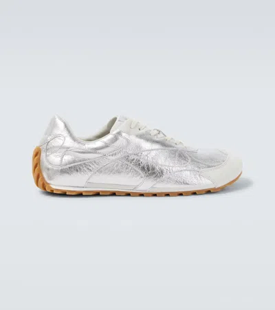 Bottega Veneta Orbit Flash Suede-trimmed Metallic Leather Trainers In Silver